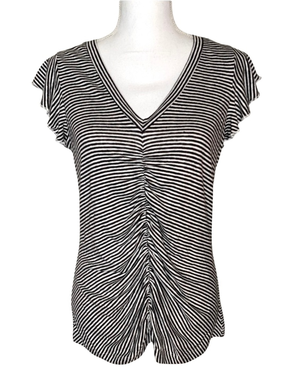 Chaser Flutter Sleeve Stripe V-Neck Ruched Summer Top Blouse Shirt Women Small